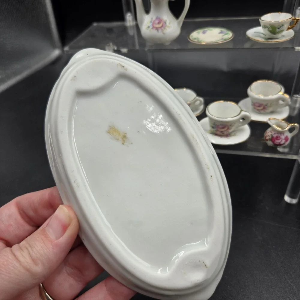 Vtg Miniature Ceramic Tea Set 22pc Pink Floral Rose w Gold Trim EXC Super Tiny